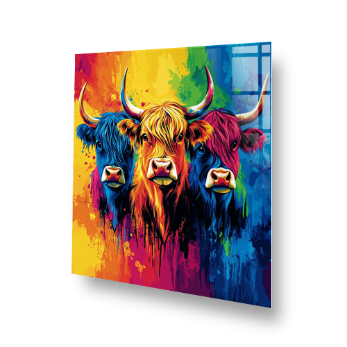 Colourful Highland cows printed kitchen splashback with vibrant abstract art style Side View