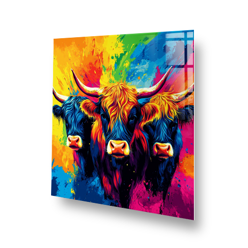 Vibrant Highland Cows splashback in expressive colourful art style Side View