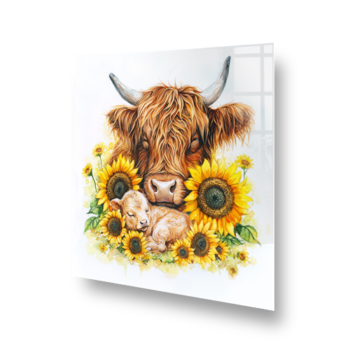 Highland cow and calf with sunflowers printed kitchen splashback Side View