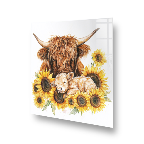 Watercolour Highland cows splashback with sunflowers and sleeping calf Side View