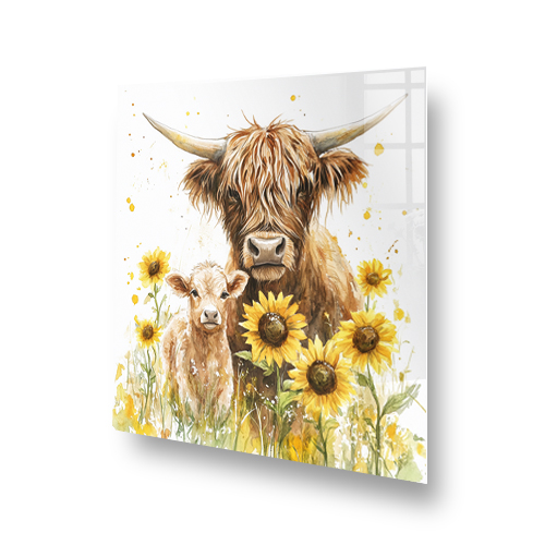 Highland Cow and calf splashback with sunflowers in watercolour style Side View