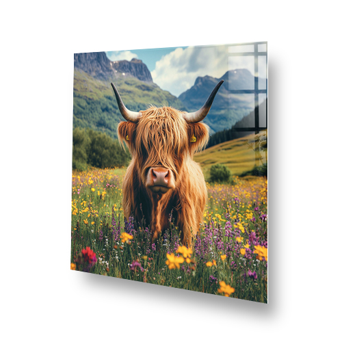 Highland cow standing in wildflower field with mountain background printed on glass splashback Side View