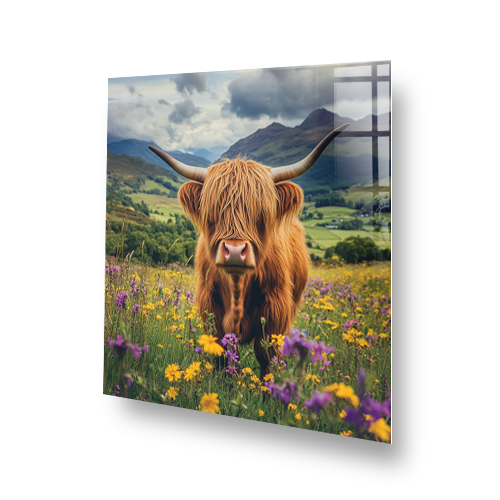 Highland cow standing in colourful Scottish meadow with floral backdrop Side View