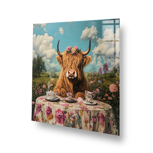 Highland cow tea party printed kitchen splashback with floral table and countryside background Side View