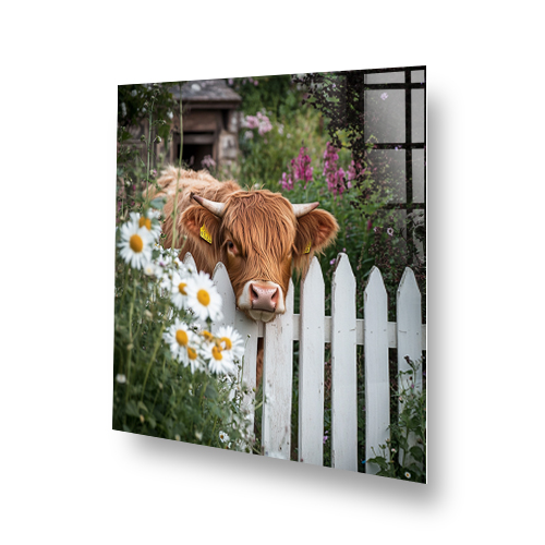 Highland cow peeking through white picket fence with garden flowers printed on glass Side View