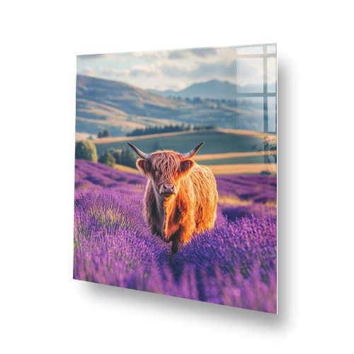 Highland Cows splashback with cow in lavender field and scenic hills Side View