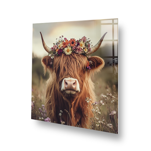 Highland Cows splashback with cow wearing flower crown in wildflower meadow Side View