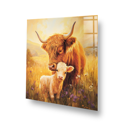 Highland cow mother and calf in a golden meadow printed splashback Side View