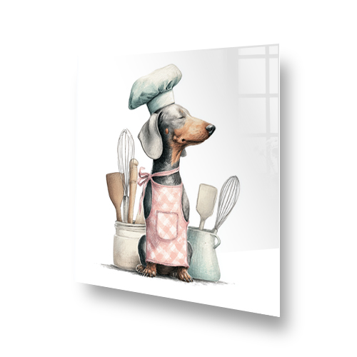 Watercolour dachshund chef wearing pink apron and green hat with kitchen utensils, printed splashback Side View