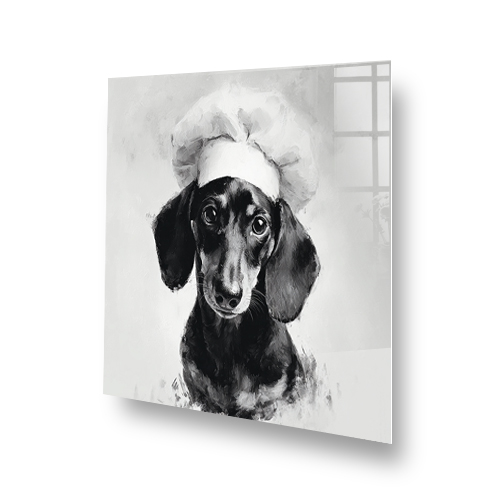 Black and white Dachshund Chef splashback art in watercolour style with chef hat Side View