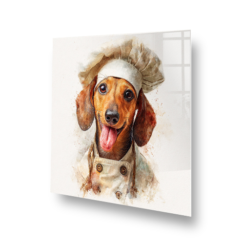Sausage dog splashback featuring a cute dachshund in a chef’s outfit in watercolour style Side View