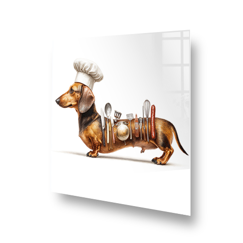 Sausage Dog splashback showing a dachshund in chef hat with utensils on white background Side View