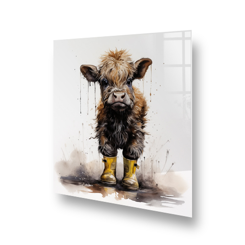 Isla Muddy Highland Cow with Yellow Wellies Printed Splashback Side View