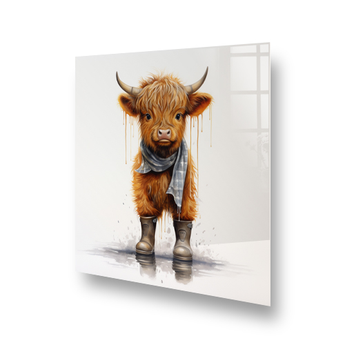 Illustration of Alasdair the Highland Calf on a kitchen splashback, with a russet fur, wearing grey wellies and a light grey scarf, standing against a Side View