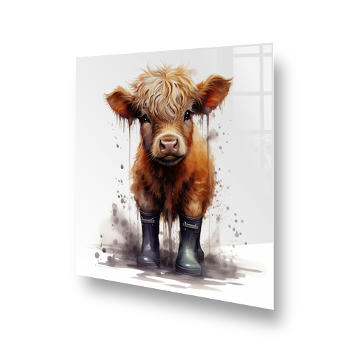 A kitchen splashback illustration featuring Maisie the Highland Calf with amber fur and wearing navy blue wellies, against a white background splatter Side View