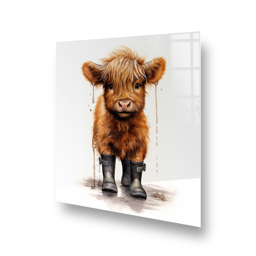 Illustration on a kitchen splashback displaying Douglas the Highland Calf, with a rich caramel coat and dark grey wellies, against a backdrop of white Side View