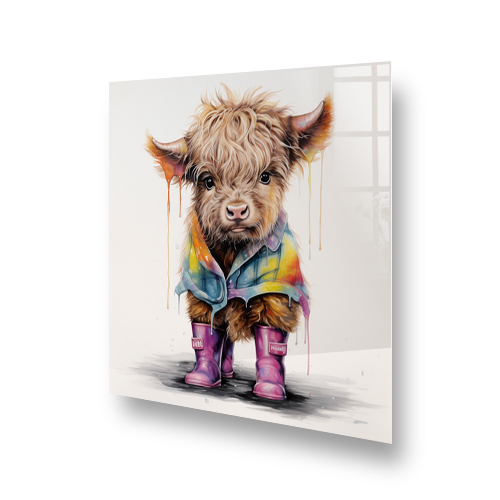 Vibrant kitchen splashback illustration featuring Flip the Highland Calf with a fluffy beige coat, sporting purple wellies and a colorful raincoat, ag Side View