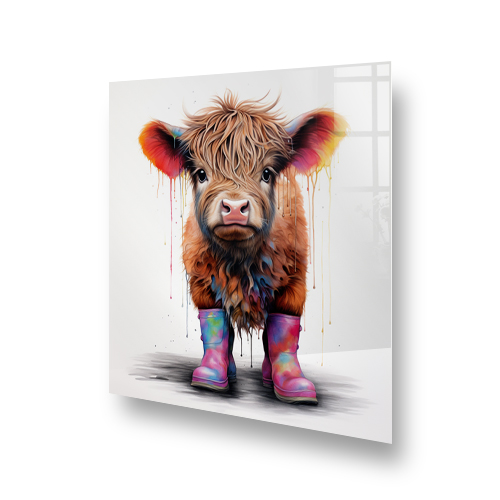 Kitchen splashback featuring Jessie the Highland Calf with a fluffy, colorful coat and tie-dye wellies, against a white background with vibrant paint  Side View