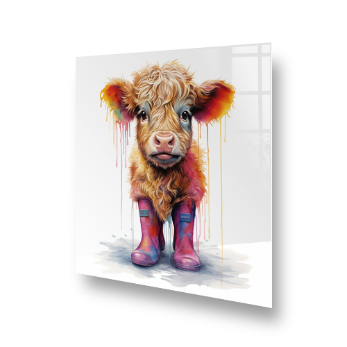 Illustration of Mattie the Highland Calf on a kitchen splashback, featuring a warm fur palette and standing in vibrant pink wellies, against a white b Side View