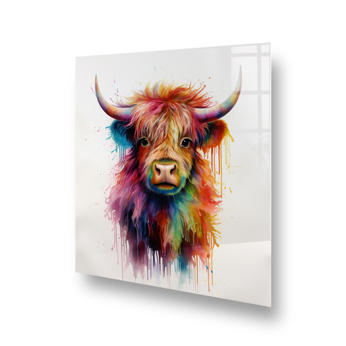 Colorful kitchen splashback illustration displaying Evie the Highland Bull with a vibrant, multicolored fur coat, set against a white background with  Side View