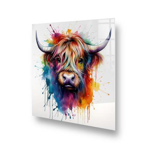 Dynamic kitchen splashback art of Sapphire the Highland Cow, featuring a vivid explosion of colors across his face and horns, set against a stark whit Side View