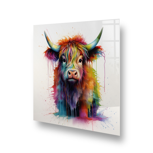 Buster the Highland Bull splashback art, featuring a captivating face with a mane of rainbow hues and horns tinged with pastel colors, against a white Side View