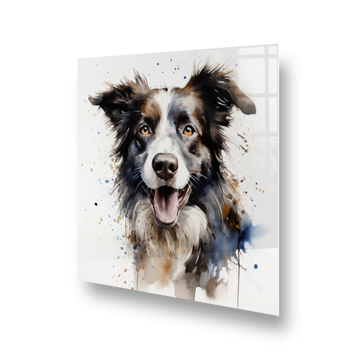 Colourful Border Collie dog art on kitchen splashback Side View