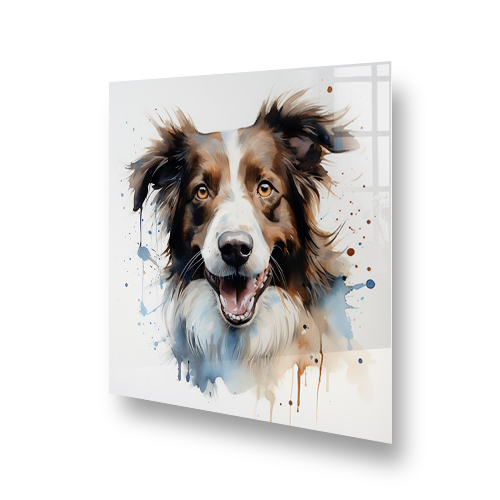Colourful Border Collie painted splashback in a kitchen setting with blue and brown accents Side View