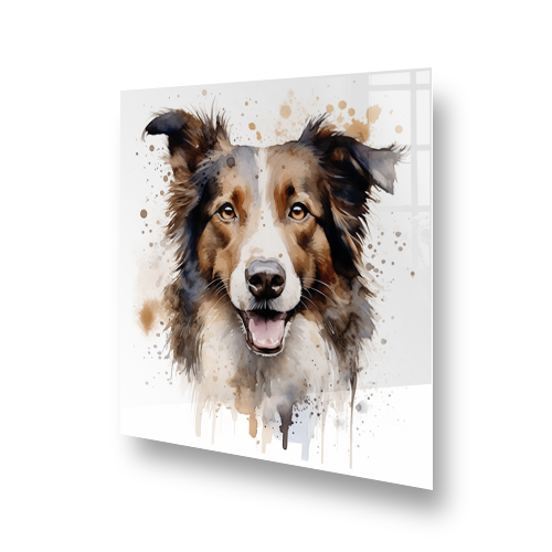 Printed Border Collie kitchen splashback with watercolour design in brown and taupe shades Side View