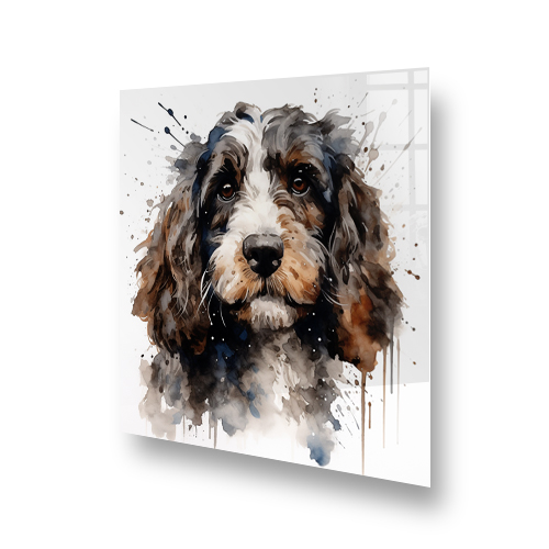 Watercolour-style printed splashback featuring a charming spaniel dog with a mix of browns, greys, and soft blues Side View
