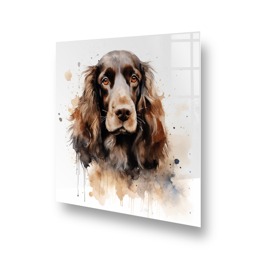 Watercolour Spaniel dog printed kitchen splashback in warm tones against a clean kitchen backdrop Side View