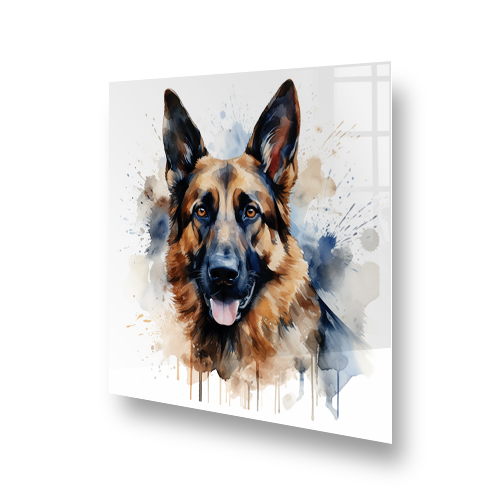 Artistic printed German Shepherd kitchen splashback featuring watercolour effects Side View