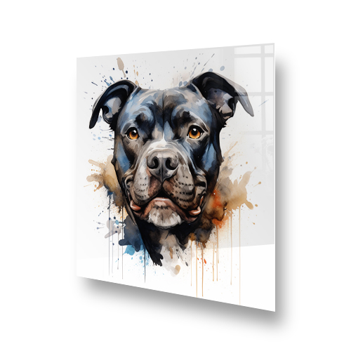 Printed Staffordshire Bull Terrier kitchen splashback with colourful watercolour splashes Side View