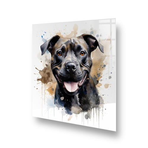 Olive, a smiling Staffordshire Bull Terrier printed on a kitchen splashback, with abstract colour splashes Side View