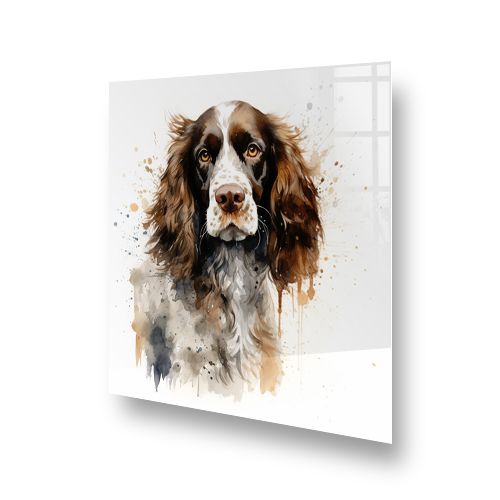 Watercolour painted Cocker Spaniel on a kitchen splashback in beige, brown, and grey tones Side View