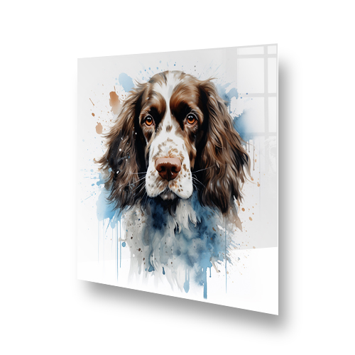 Artistic printed Spaniel dog splashback art in watercolour style with blue and beige tones Side View