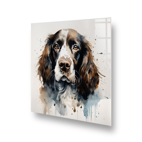Printed Spaniel dog kitchen splashback with abstract watercolour design in brown and blue tones Side View