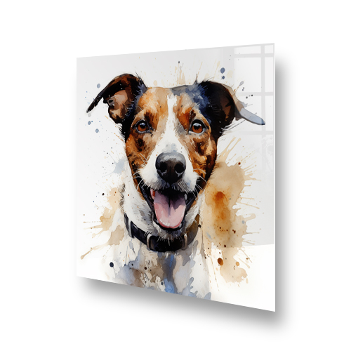 Joyful Jack Russell printed splashback art in a kitchen setting with playful watercolour splatters in brown, black, and beige. Side View