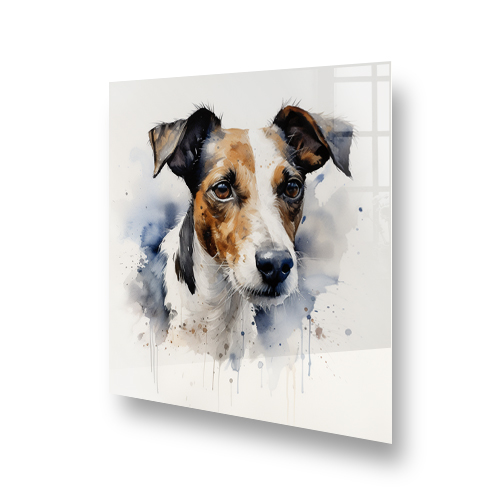 Printed Jack Russell Terrier splashback art in watercolour style, with blues, greys, and tans on a white background Side View