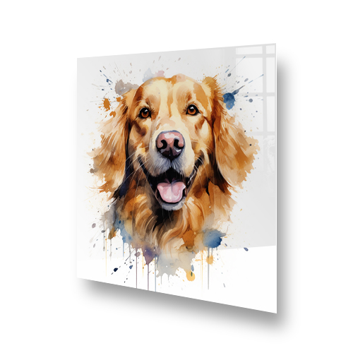 Vibrant Golden Retriever printed kitchen splashback art with colourful watercolour accents Side View