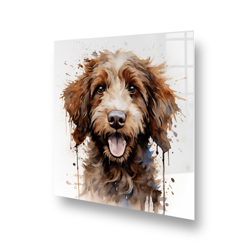 Jack, the cheerful Labradoodle, as the focus of a printed kitchen splashback with a blend of brown and beige splatters. Side View