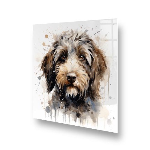 Artistic Labradoodle dog portrait printed kitchen splashback in sepia and umber tones with black and white splatter accents Side View