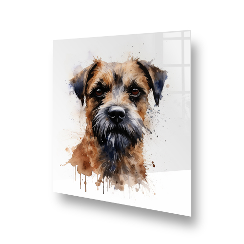 Watercolour portrait of a Border Terrier on a kitchen splashback Side View