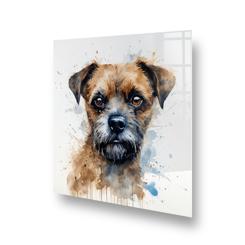 Printed Border Terrier dog kitchen splashback featuring watercolour art in browns and blues Side View
