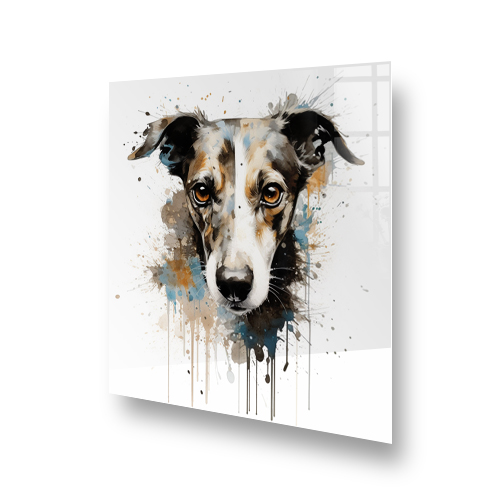 Artistic Whippet dog printed kitchen splashback in earthy and blue tones Side View