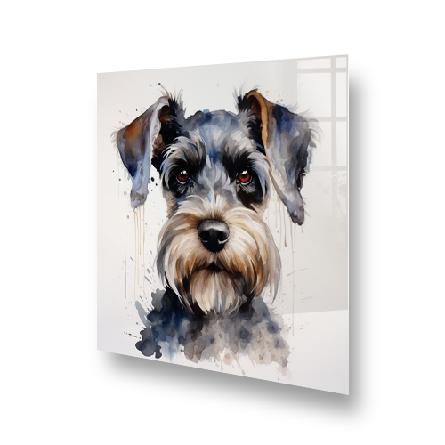 Artistic Schnauzer dog print on kitchen splashback with smoky blue accents Side View