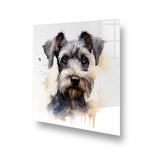 Printed Schnauzer dog kitchen splashback in watercolour hues Side View