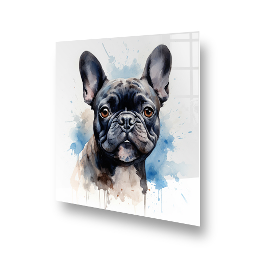 Printed French Bulldog splashback art in a kitchen, with blue and tan watercolour details Side View