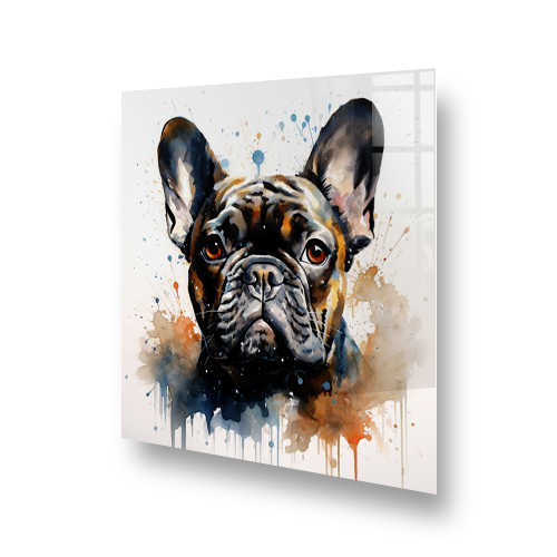 Printed French Bulldog watercolour splashback art in kitchen, with brown, blue, and orange hues Side View