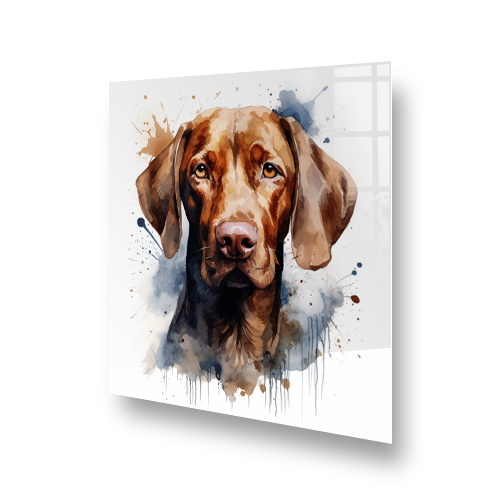 Printed dog kitchen splashback art featuring a brown dog with watercolour splatter effect in earth tones Side View